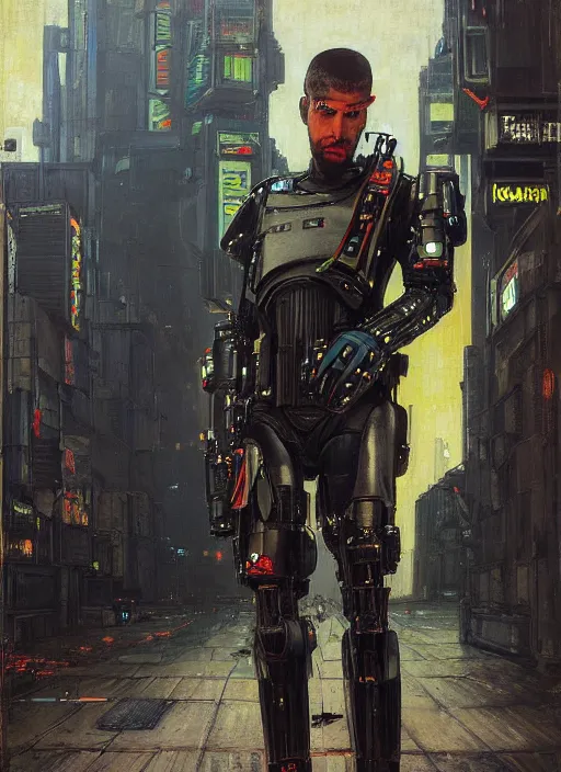 Image similar to Eliezer Nash. Menacing Cyberpunk police trooper wearing a combat vest and towering with robotic legs. (dystopian, police state, Cyberpunk 2077, bladerunner 2049). Iranian orientalist portrait by john william waterhouse and Edwin Longsden Long and Theodore Ralli and Nasreddine Dinet, oil on canvas. Cinematic, vivid colors, hyper realism, realistic proportions, dramatic lighting, high detail 4k