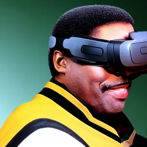 Prompt: geordi la forge wearing a vr headset star trek