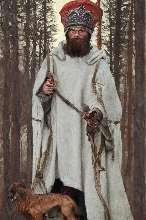 Prompt: slavic dog head man, woolen torso in medieval clothes, walking in the forest, orthodox saint christopher, oil painting, painting by viktor vasnetsov, painting by viktor whimmy, concept art, hyperrealism, beautiful, high resolution, trending on artstation,