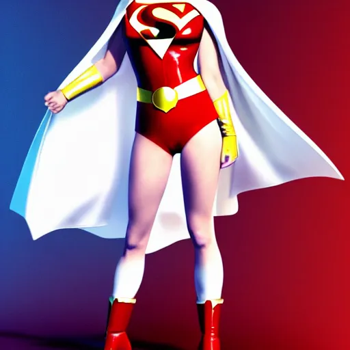 Image similar to brie larson as dc comics'' power girl ', full body with white leotard costume and cape and open chest, pinup photo, 4 k