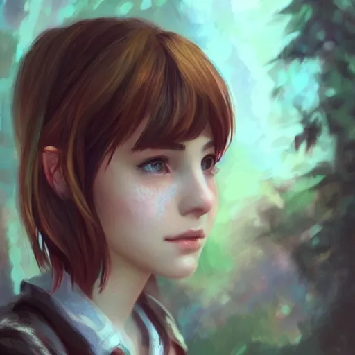 Prompt: a selfie of max caulfield, fantasy, intricate, young and cute, highly detailed, digital painting, artstation, concept art, smooth, sharp focus, illustration, unreal engine, life is strange, Edouard Caplain