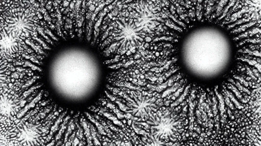Prompt: a beautiful microscopic scientific photo of a virus and a smiling alien face seen through the electron microscope, dark, sinister, detailed, by philip henry gosse and ernst haeckel