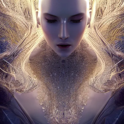 Image similar to beautiful face, crystal, platinum, gold, biomechanoid with incredible iridescent pearlescent voluminous fiberoptic hair, crystalline masterpiece implants, hyperdetailed face, elegant pose, movie still, intricate, octane render, cinematic forest lighting, unreal engine, crepuscular rays, god rays.