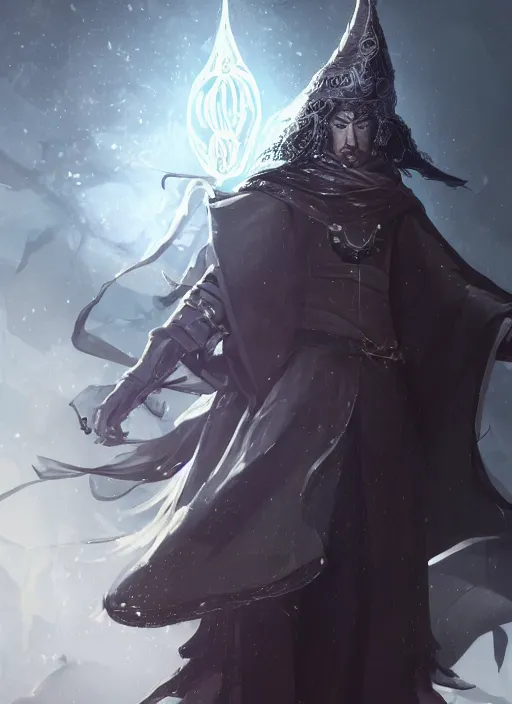 Image similar to a highly detailed illustration of Hiroyuki Sanada as wizard wearing black robe and mage hat, dramatic magic floating pose, intricate, elegant, highly detailed, centered, digital painting, artstation, concept art, smooth, sharp focus, league of legends concept art, WLOP