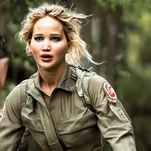 Prompt: Promo picture of Jennifer Lawrence in GI Jane remake (2029)