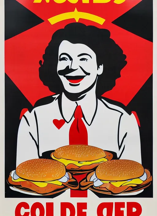 Image similar to cold war civil defense poster, for ronald mcdonald holding a tray of burgers,