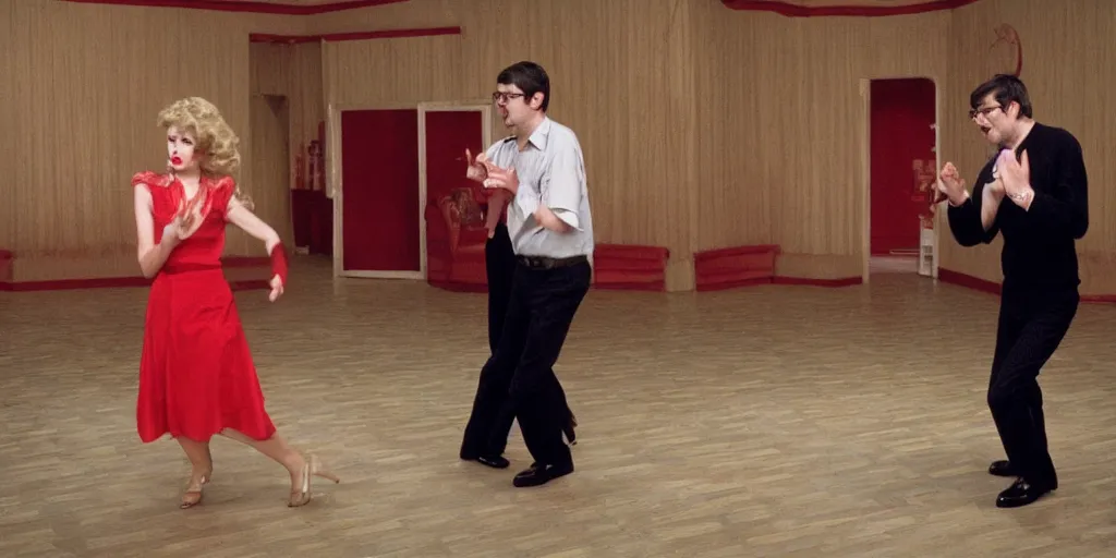 Image similar to louis theroux and laura palmer are dancing in the red room, twin peaks. in the style of david lynch, black and white zig zag floor