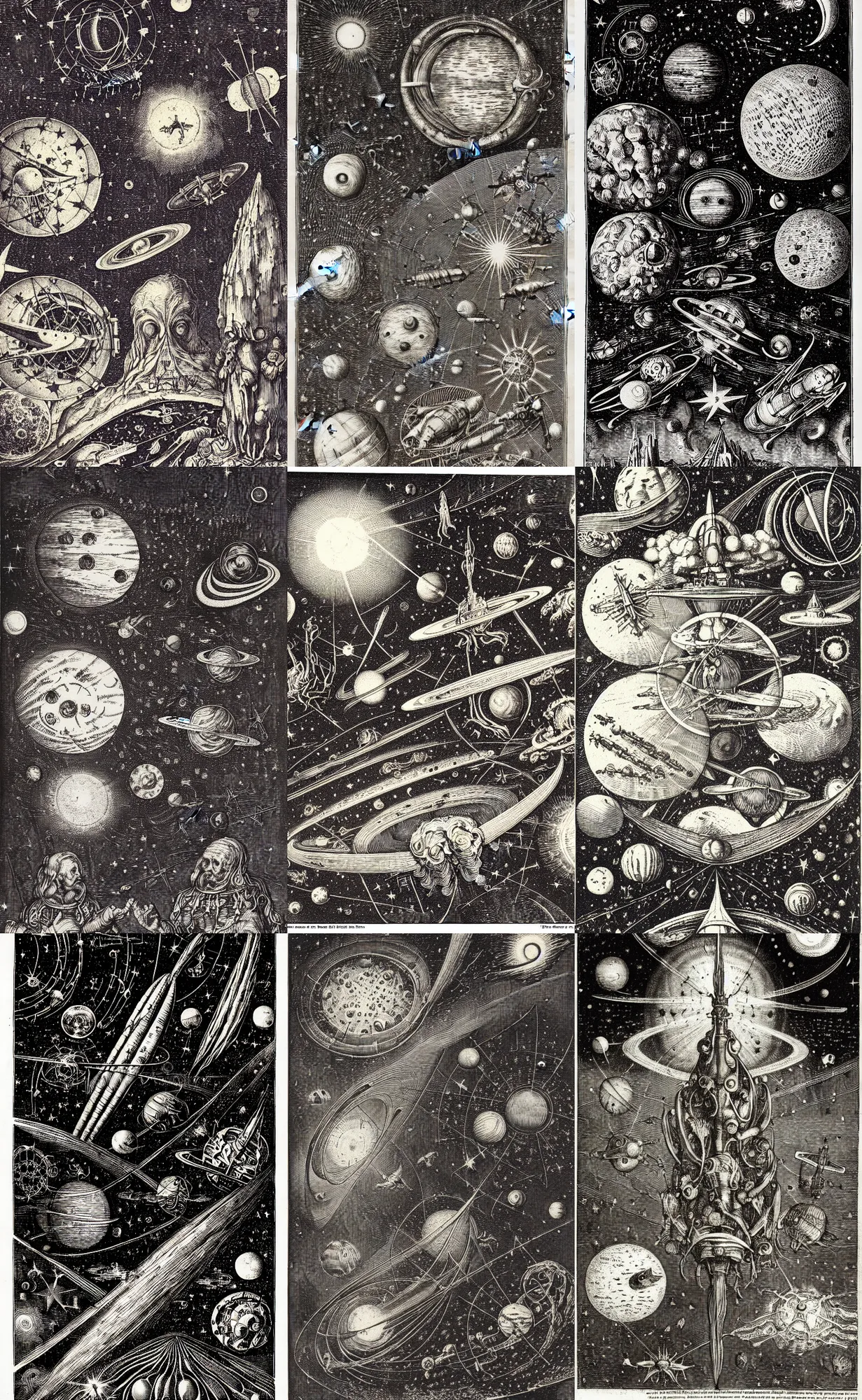 Prompt: astronomy textbook professional illustration by Albrecht Dürer with night starry sky with flying ships in sci-fi space with very dark and disturbing atmosphere, old vintage Victorian England engraving, made by Ernst Haeckel