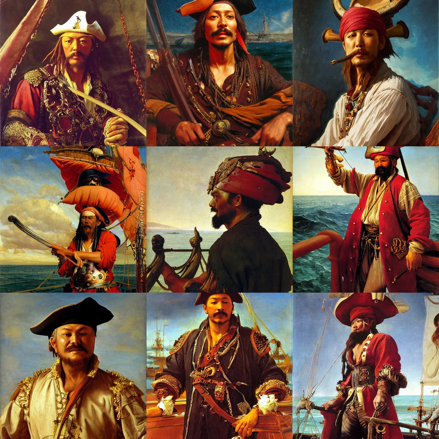 Prompt: Realistic painting of a pirate king in an detailed costume standing at the helm of his pirate ship , high-detailed oil painting by Ilya Repin, William Blake, Michelangelo da Caravaggio, Alex Grey and Beksinski, masterpiece, 4k