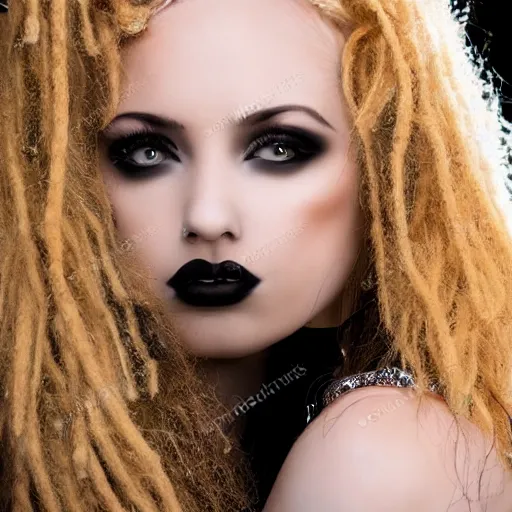 Image similar to modeling headshot photography flawless young beautiful gothic female with blonde and red dreadlocks in a black ballgown, dark, piercing clear eyes, symmetrical golden ration exotic stoic expression, photorealistic, highly detailed, mysterious lighting, smooth, sharp focus, 8 0 mm camera