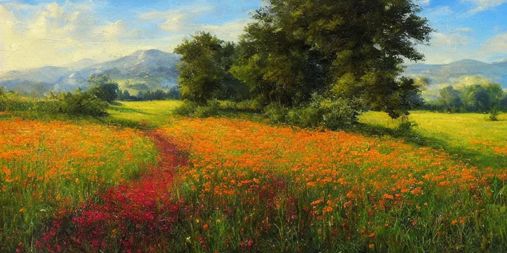 Image similar to a bright oil painting of a beautiful meadow; masterpiece; extremely-detailed; by Carravaggio