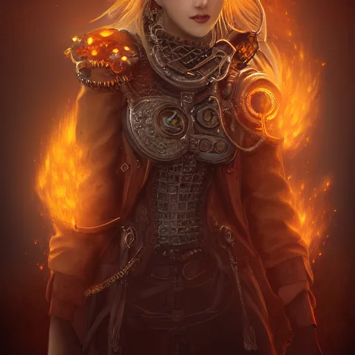 Prompt: pretty blond steampunk seraphim surrounded by lava, 8 k, shallow depth of field, 8 k, ultra high detail, concept art,