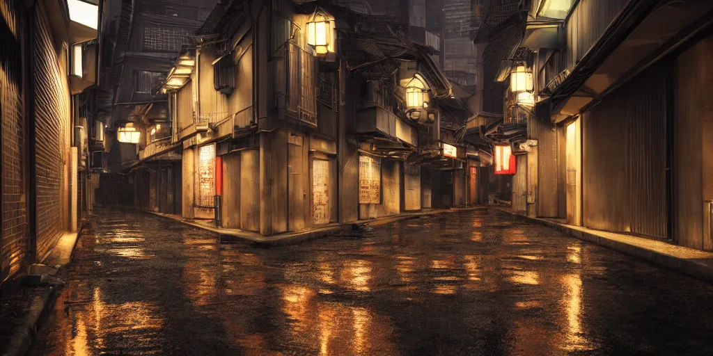 Prompt: quiet tokyo alley at night, raining, dim volumetric lighting, 8 k octane render, hdr, hyper realistic, hyperdetailed, epic composition, cinematic lighting, masterpiece, street photography