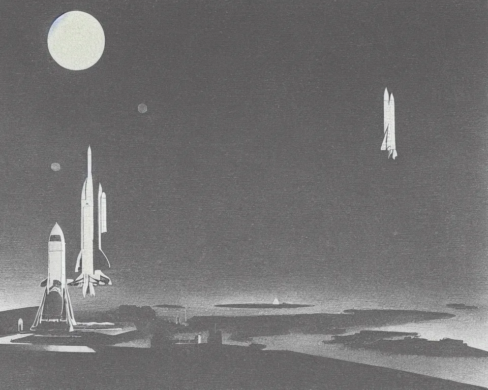 Prompt: achingly beautiful print of the Space Shuttle on the launchpad, bathed in moonlight, by Hasui Kawase and Lyonel Feininger.