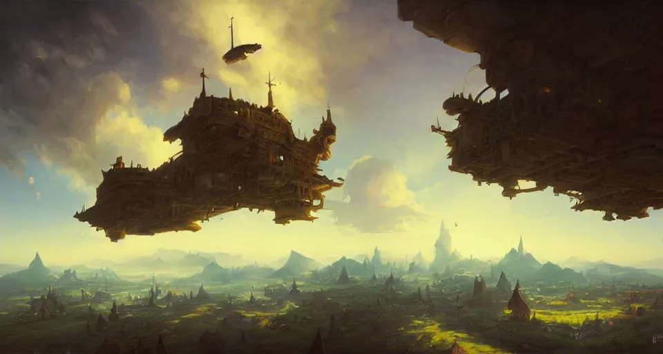 Prompt: landscape an fantasy town in the sky and an sky - ship flying towards it, andreas rocha