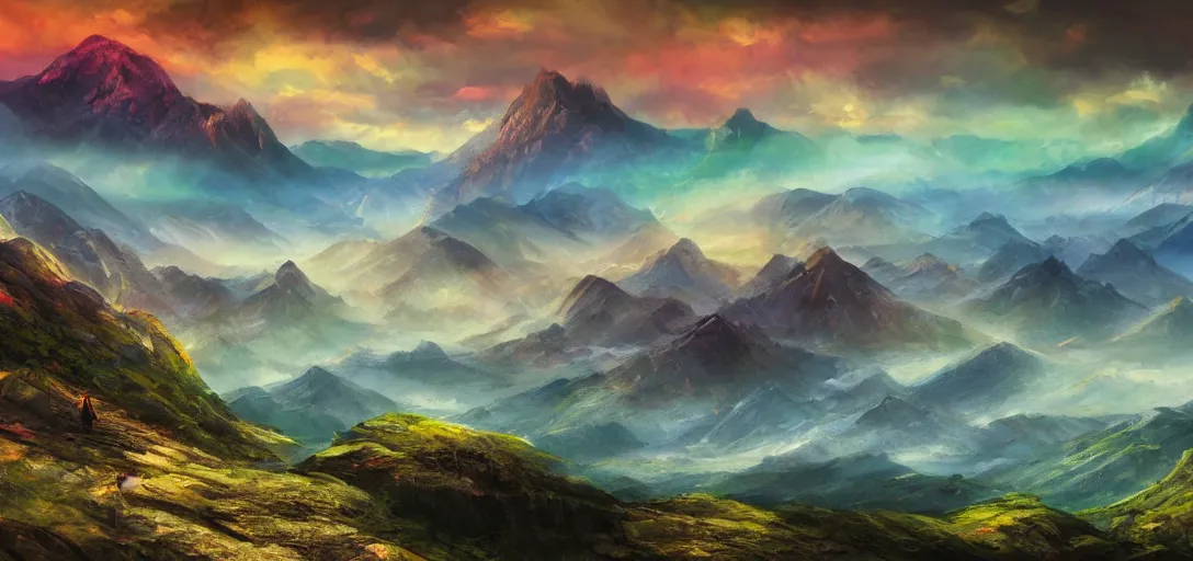 Image similar to vast mountain landscape, craggy mountains, magic the gathering, three - colors, three - color color palette, panoramic, wide angle, horizon, highly detailed