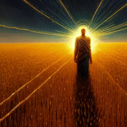 Image similar to oil painting of a glowing god with gold wires levitating in a wheat field, lightning in the sky, at night, stunning, cinematic lighting, concept art by greg rutkowski and wlop, artstation, cinematic, masterpice, insanely detailed, very realistic