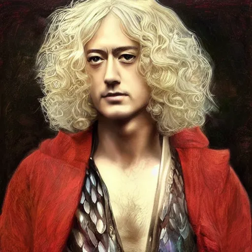 Prompt: amazing artgerm portrait of jimmy page in his 2 0 s as a preraphaelite painting, collaboration with j. scott campbell and artgerm with edward burn jones