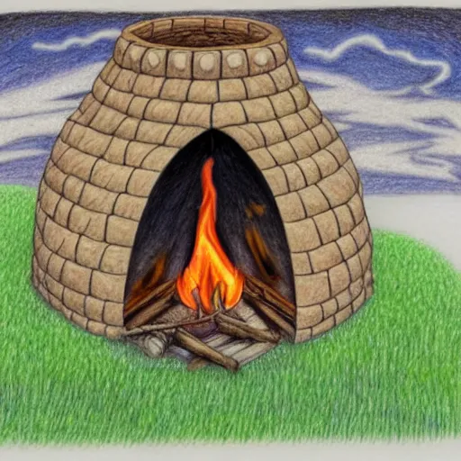 Image similar to a dragon native living in a small clay hut near a campfire, extremely stunning and detailed colored pencil drawing