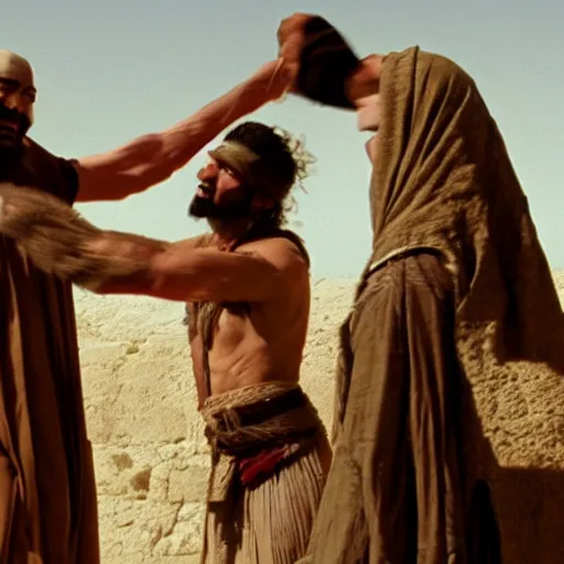 Image similar to cinematic still of angered middle eastern skinned man in ancient Canaanite clothing stabbing another middle eastern skinned man in ancient Canaanite clothing, Biblical epic by Christopher Nolan