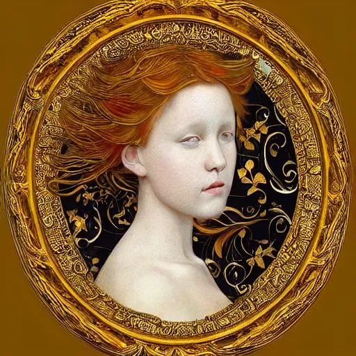 Prompt: a beautiful girl made of ivory and gold, highly intricate, digital art, very detailed, in the style of a liminal modern art nouveau flemish painting