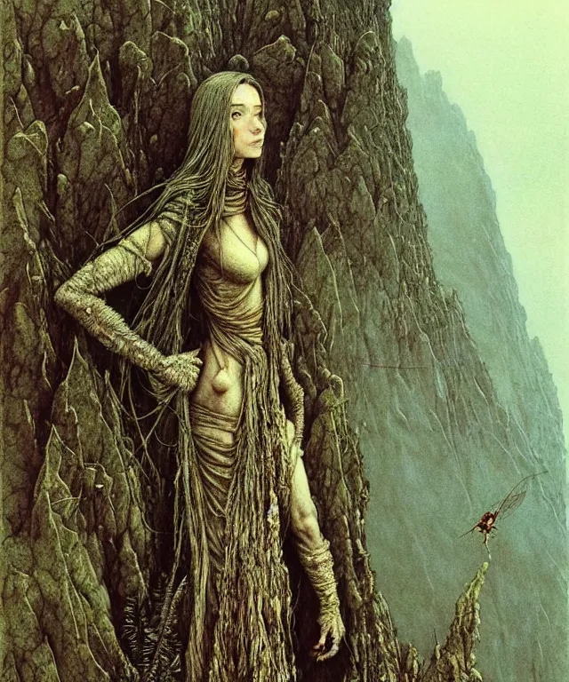 Image similar to a detailed mosquitowoman stands among the mountains. wearing a ripped mantle, robe. perfect faces, extremely high details, realistic, fantasy art, solo, masterpiece, art by zdzislaw beksinski, arthur rackham, dariusz zawadzki