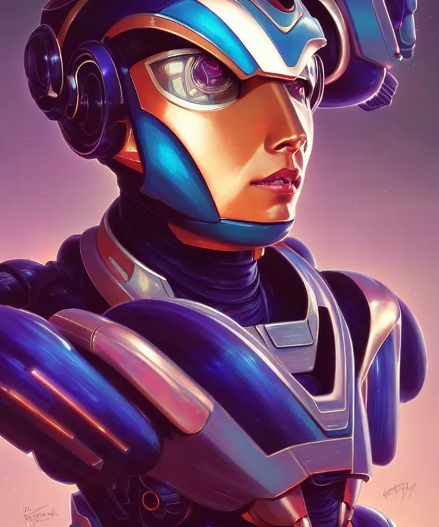 Image similar to futuristic synthwave megaman X portrait, sci-fi steampunk, fantasy, intricate, elegant, highly detailed, digital painting, artstation, concept art, smooth, sharp focus, illustration, art by artgerm and greg rutkowski and alphonse mucha