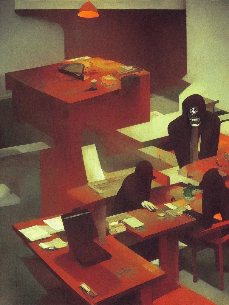 Image similar to the devil eating computer in the table edward hopper and james gilleard, zdzislaw beksinski highly detailed