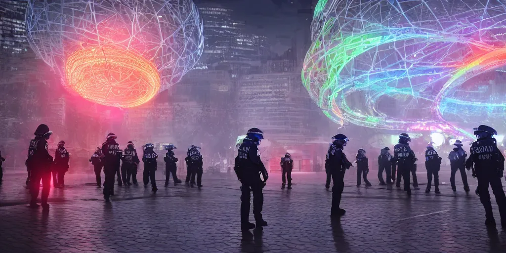 Image similar to policemen protecting a huge spiral - shaped bright luminous attractor right in the center of the city from protesting people,, rain and light fog, professional lighting, concept art in 3 d, high detail, professional lighting, 8 k, unreal engine