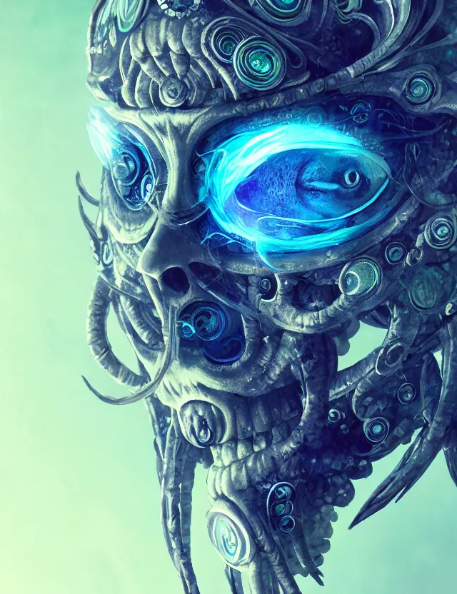 Image similar to eye of god macro close - up portrait with mask made of ram skull. betta fish, jellyfish phoenix, bioluminiscent, plasma, ice, water, wind, creature, super intricate ornaments artwork by tooth wu and wlop and beeple and greg rutkowski