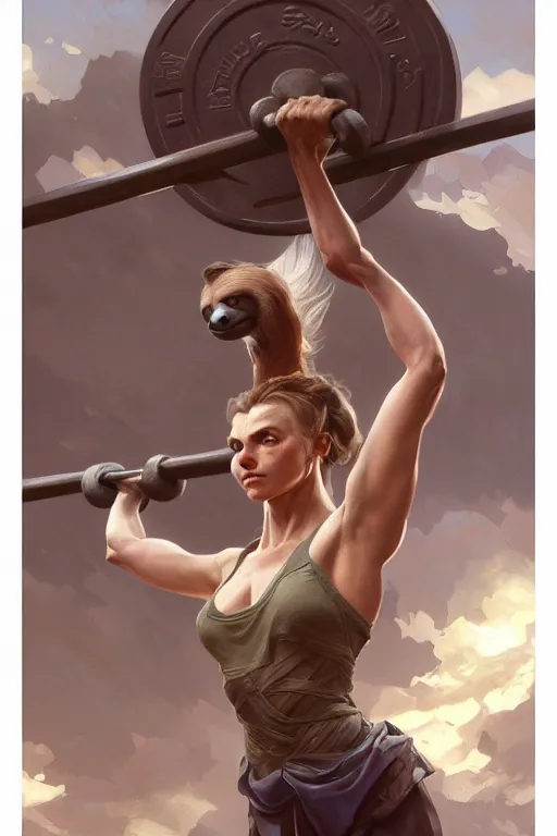 Image similar to anthro sloth lifting weights, dim dingy gym, dynamic pose, fantasy, intricate, elegant, highly detailed, digital painting, artstation, concept art, matte, sharp focus, illustration, art by artgerm and greg rutkowski and alphonse mucha