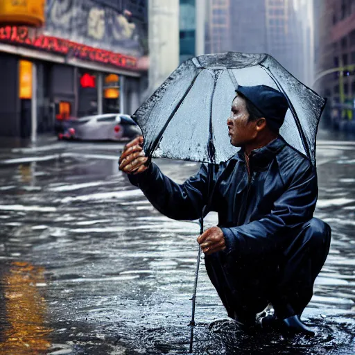 Prompt: closeup portrait of a man fishing in a puddle rainy new york street, by Steve McCurry and artgerm, natural light, detailed face, CANON Eos C300, ƒ1.8, 35mm, 8K, medium-format print