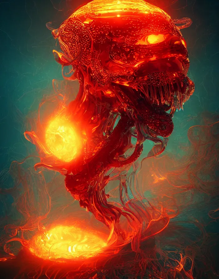 Image similar to demon portrait. burning water distortions. intricate abstract ornament. jellyfish phoenix head. intricate artwork. by Tooth Wu, wlop, beeple, dan mumford. octane render, trending on artstation, greg rutkowski very coherent symmetrical artwork. cinematic, hyper realism, high detail, octane render, 8k, depth of field, bokeh. iridescent accents