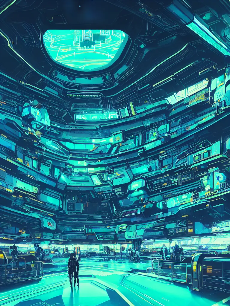 Prompt: the interior of a celestial spaceship cyberpunk airport with bioluminescent topaz teal green walls decorated beautifully, lots of cyberpunk design elements like humanoids and mecha robots, warm sunlight shining in, lots of cables and neon signs, concept art 8 k resolution, fantasy illustration, sharp focus, detailed painting, deep color, volumetric lighting, crepuscular rays