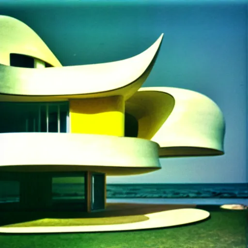 Prompt: architecture ad for a mid-century modern house by the beach, designed by Zaha Hadid. Shell. Film grain, cinematic, colorized, yellow hue