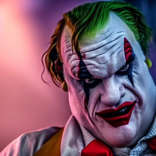 Image similar to stunning awe inspiring chris farley as the joker movie still 8 k hdr atmospheric lighting