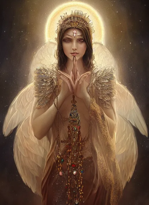 Image similar to A beautiful digital painting of a female Seraphim full of jewels, princess, the moon behind her, intricate, cinematic lighting, highly detailed, digital painting, Artstation, concept art, smooth, sharp focus, illustration, art by Tom Bagshaw, Artgerm and Greg Rutkowski