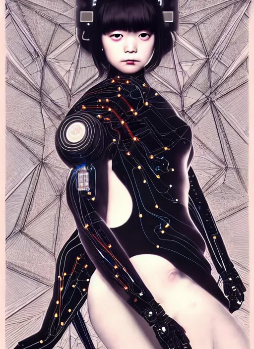 Prompt: kanna hashimoto as a absurdly beautiful cyborg, wearing a black dress, graceful, sophisticated, complex wiring and circuits, tarot card, highly detailed, digital painting, sharp focus, ultra realistic, 8 k, art by artgerm, kim jung gi, irakli nadar