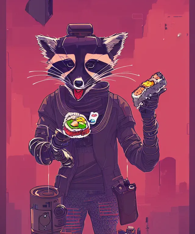 Image similar to a portrait of an anthropomorphic cyberpunk raccoon eating sushi, cyberpunk!, fantasy, elegant, digital painting, artstation, concept art, matte, sharp focus, illustration, art by josan gonzalez