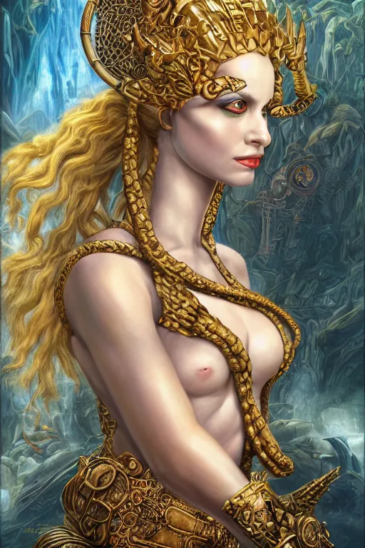 Image similar to Mystical Valkyrie, Portrait of a beautiful female Atlantean Reptilian Warrior, Realistic, Regal, Refined, Detailed Digital Art, Michael Cheval, Walt Disney (1937), François Boucher, Oil Painting, Steampunk, Highly Detailed, Cinematic Lighting, Unreal Engine, 8k, HD