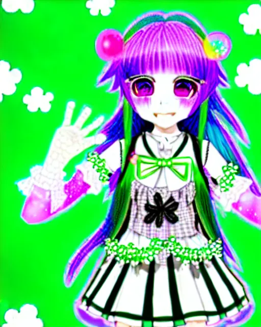 Image similar to a hologram of decora styled green haired yotsuba koiwai wearing stylish gothic lolita clothes, background full of lucky clovers and shinning stars, holography, irridescent, baroque visual kei decora art