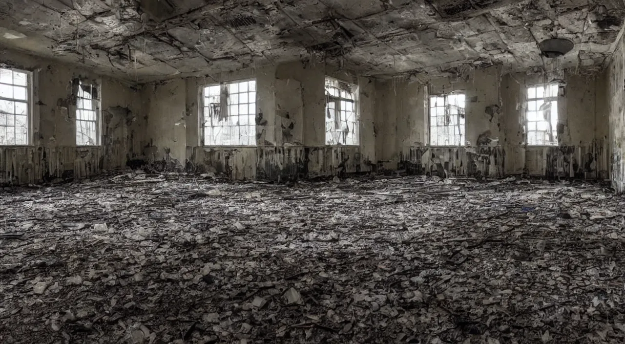 Image similar to photograph of the inside of a rotting abandoned hospital with a checkered floor, dark, no windows, horror | joe biden barely in view in the corner with a demonic grin on his face