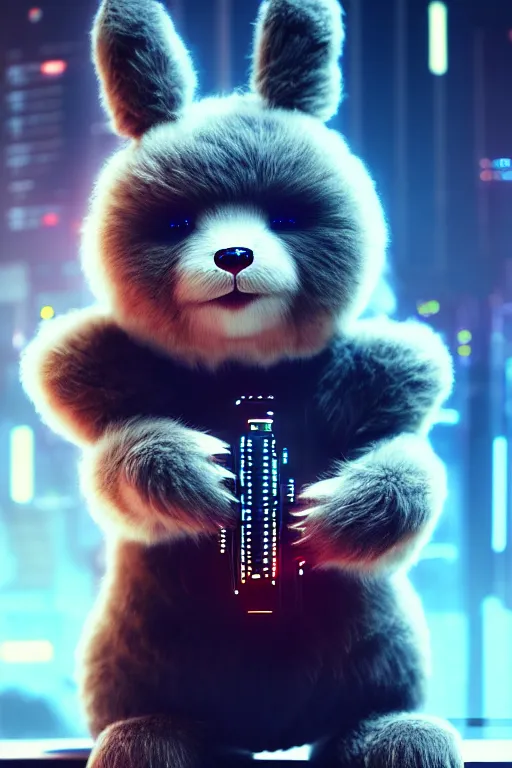 Image similar to high quality 3 d render very cute fluffy cyborg!! bear plays moog synthesizer, cyberpunk highly detailed, unreal engine cinematic smooth, in the style of blade runner & detective pikachu, hannah yata charlie immer, moody light, low angle, uhd 8 k, sharp focus