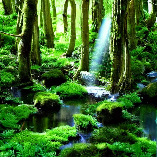 Prompt: ten round pools of clear still water in a forest, the wood between the worlds, narnia, cs lewis, lush green forest, moss and ferns, ferns,