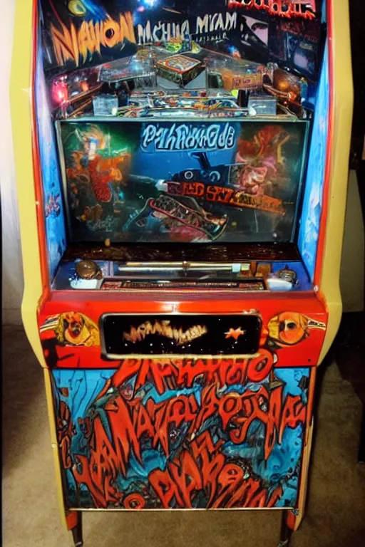 Image similar to vintage pinball machine, arcade cabinet, mugwum, phantom, nightmare, 1 9 7 0 s, polaroid photo