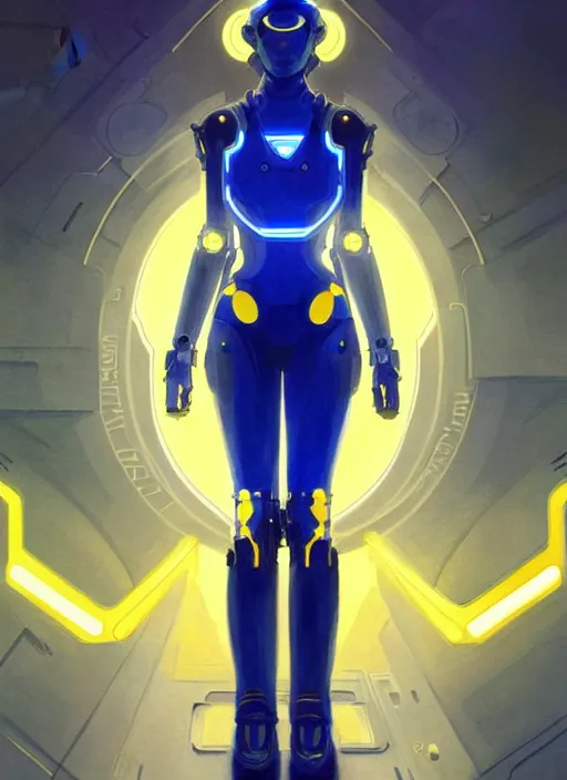 Image similar to symmetry!! portrait of robot, sci - fi, tech wear, blue and yellow glowing lights!! intricate, elegant, highly detailed, digital painting, artstation, concept art, smooth, sharp focus, illustration, art by artgerm and greg rutkowski and alphonse mucha