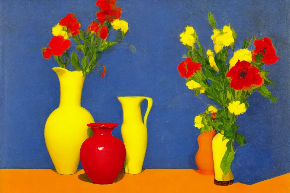 Prompt: red cude and yellow vase, blue book, photo