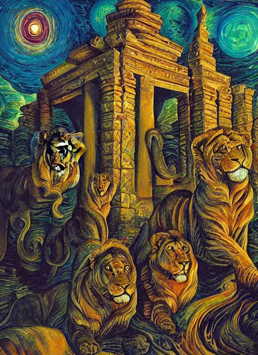 Prompt: “A surreal oil painting of an ancient temple guarded by lions, by Dan Mumford and Umberto Boccioni, realistic shading, complimentary colors, vivid colors, aesthetically pleasing composition, masterpiece, 4k, 8k, ultra realistic, super realistic”