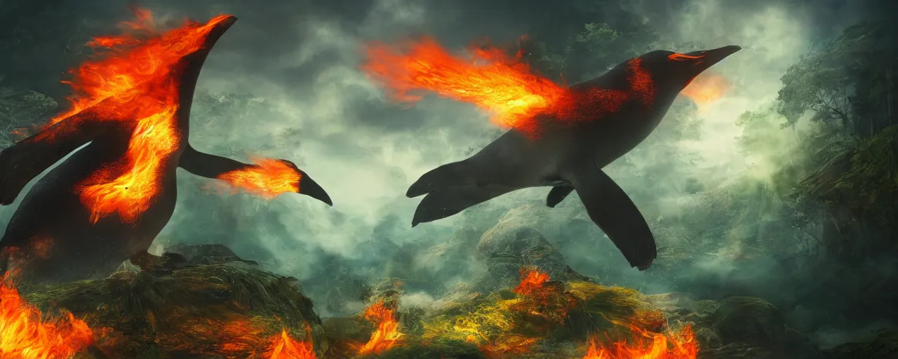 Prompt: a giant penguin breathing fire into a rainforest, large scale, breathtaking, mixed media, digital art, trending on artstation, 8k, epic composition, highly detailed, AAA graphics