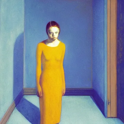Image similar to close up of a girl in a blue and gold haunted liminal abandoned room, film still by edward hopper, by gottfried helnwein, by klimt, art noveau, highly detailed, strong lights, liminal, eerie, bright pastel colors,
